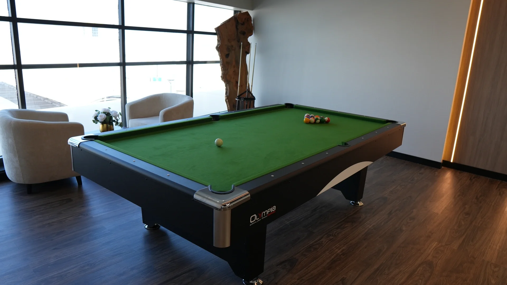 The billiards table and window-side seating