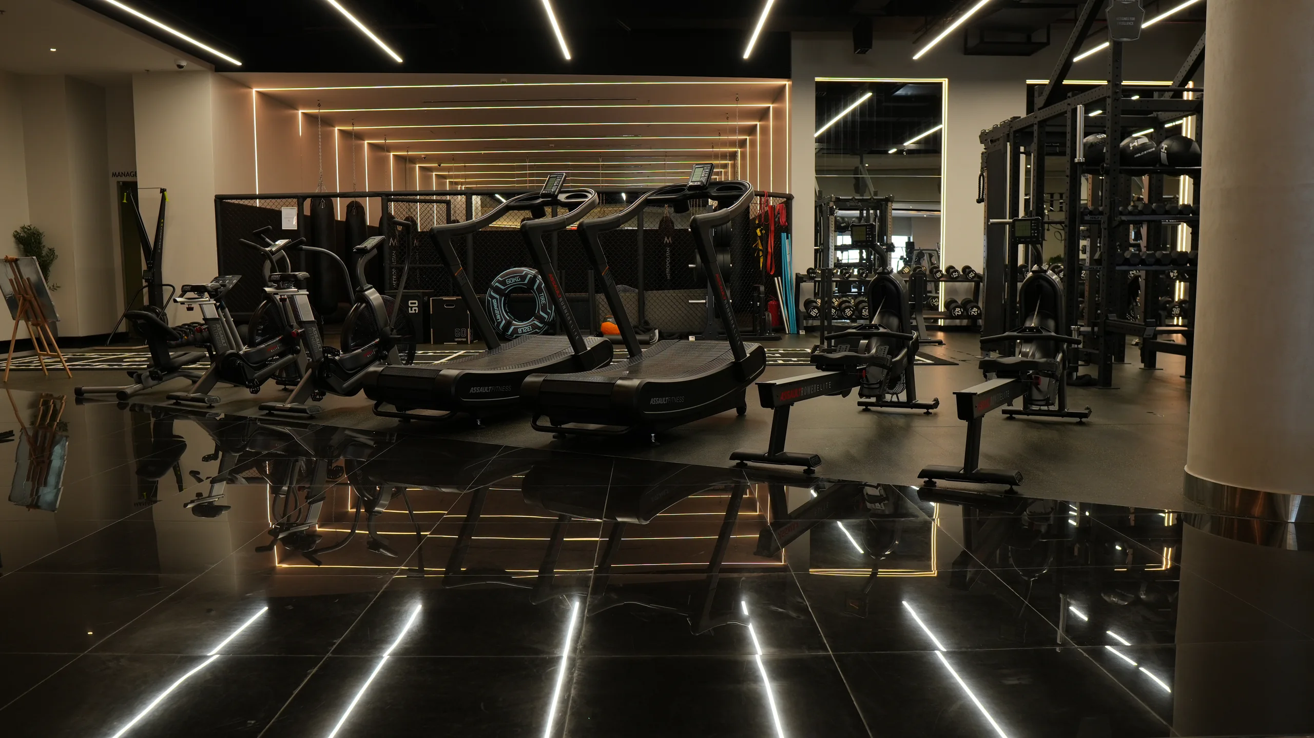 Curved treadmills and rowing machines on the main training floor