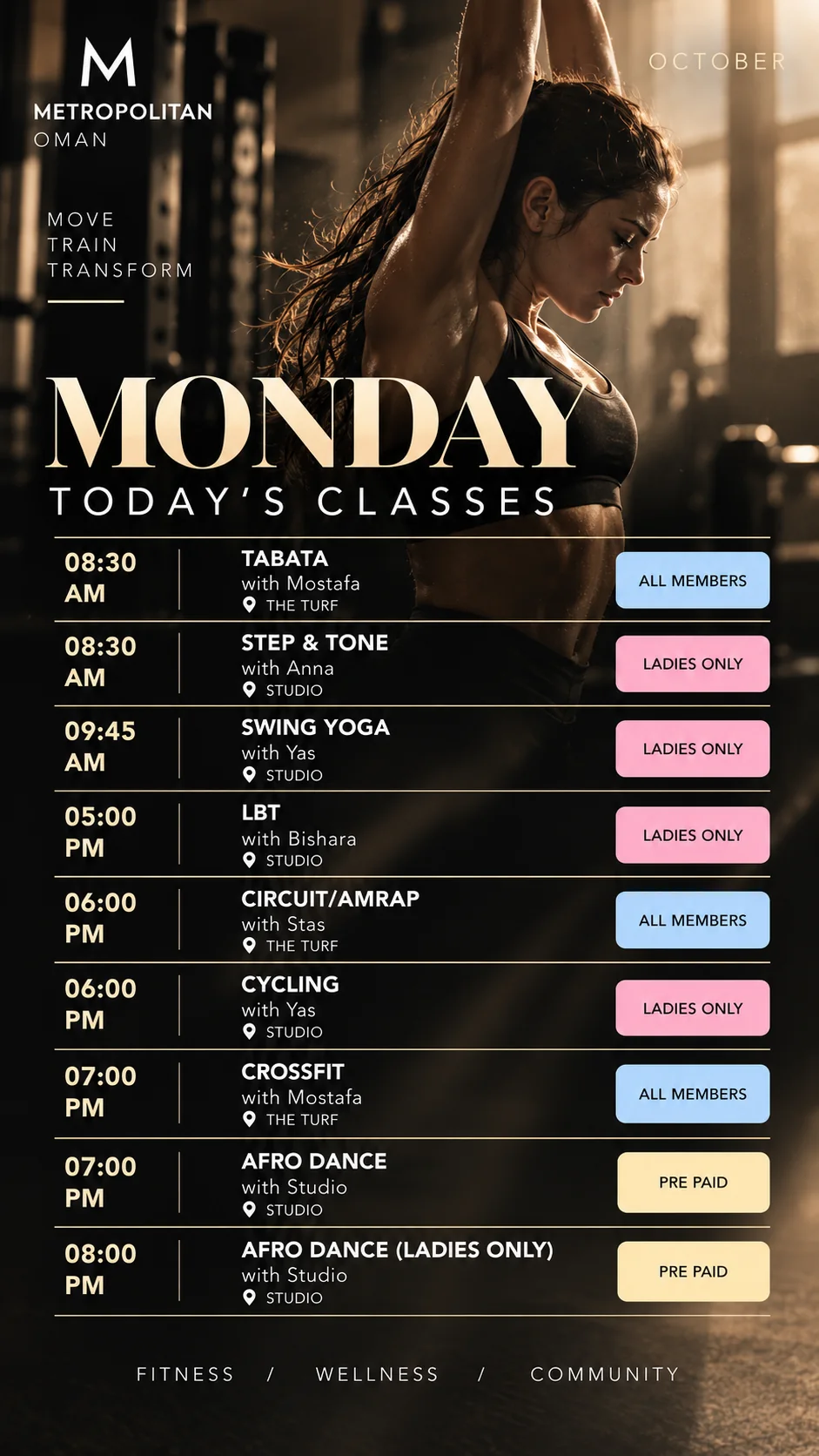 Monday — Original October class program poster in English. Session details are available in the timetable below.