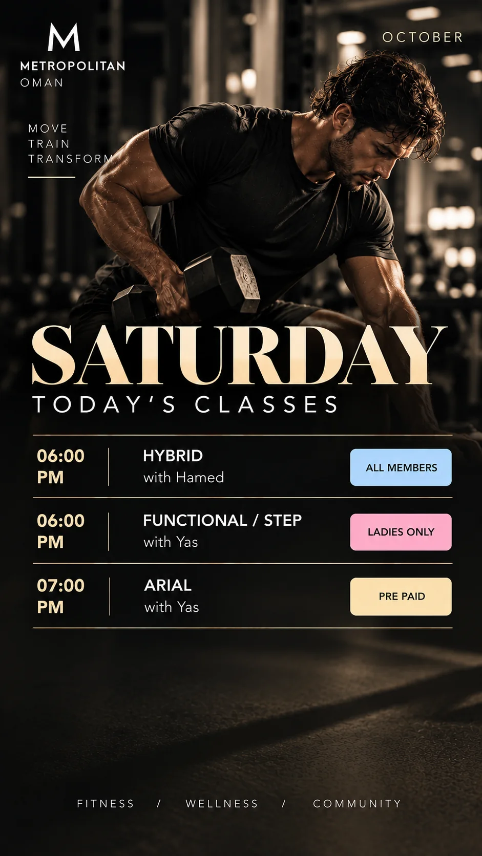 Saturday — Original October class program poster in English. Session details are available in the timetable below.