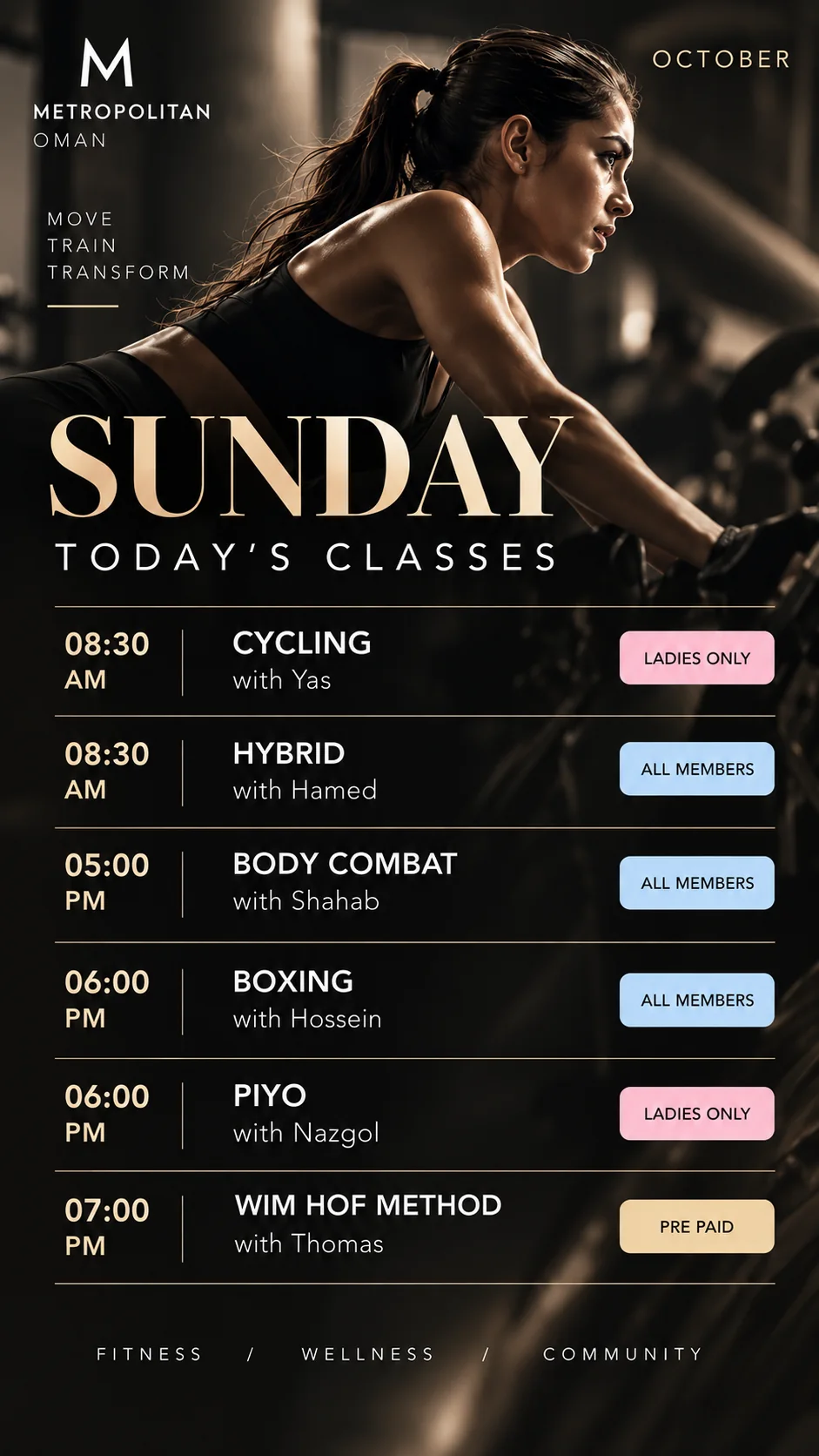 Sunday — Original October class program poster in English. Session details are available in the timetable below.