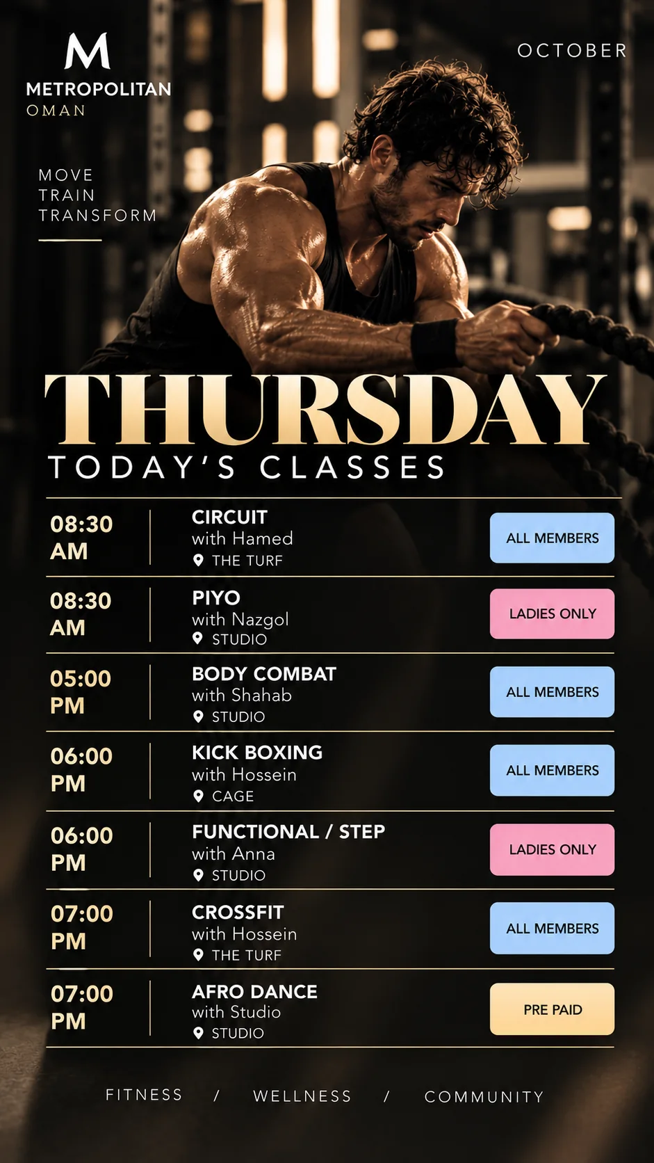 Thursday — Original October class program poster in English. Session details are available in the timetable below.
