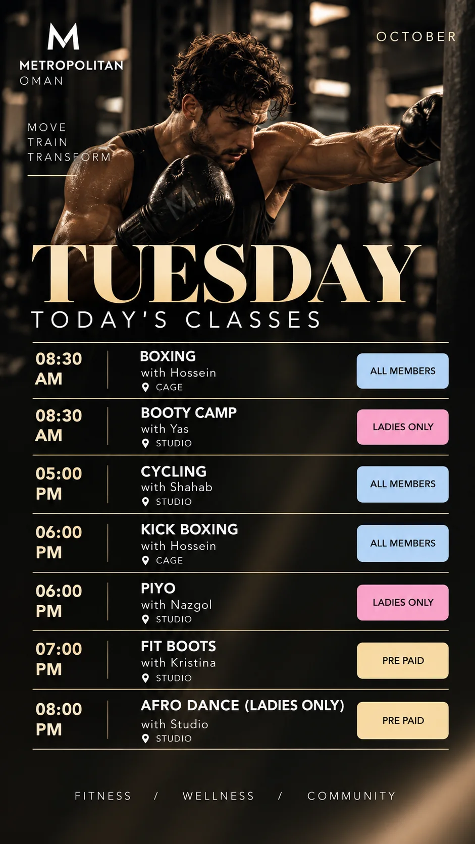 Tuesday — Original October class program poster in English. Session details are available in the timetable below.