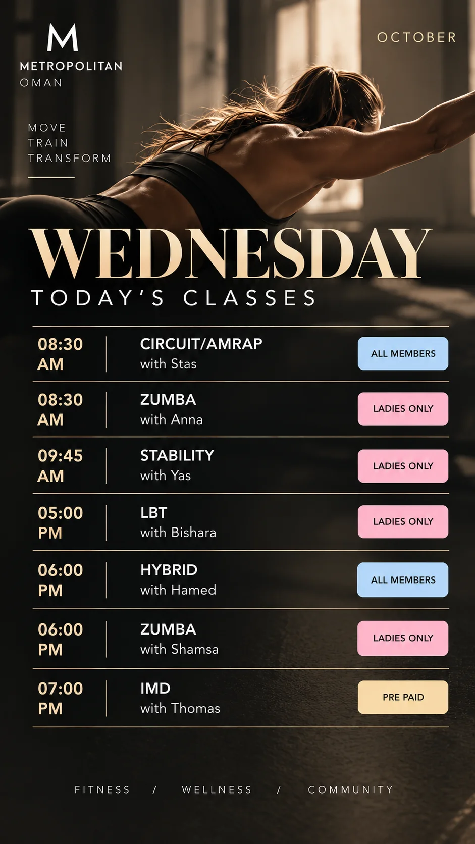 Wednesday — Original October class program poster in English. Session details are available in the timetable below.